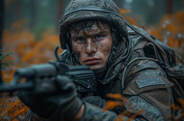 Obraz premium A rugged man, his face obscured by the shadows of the forest, grips a deadly weapon as he stands alone in the great outdoors