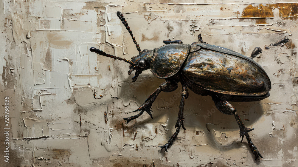 Poster a close up of a bug on a wall with paint peeling off of it's walls and peeling off of it's sides.