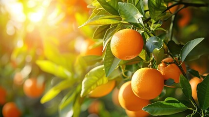  an orange tree with lots of ripe oranges hanging from it's branches with the sun shining through the leaves.