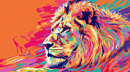  a painting of a lion laying down on a pink and orange background with the colors of the lion's mane.