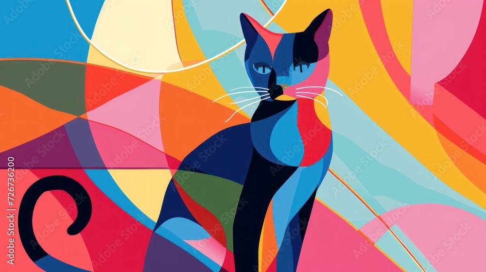 Poster a painting of a cat sitting in front of a multicolored background with a cat's head in the center.