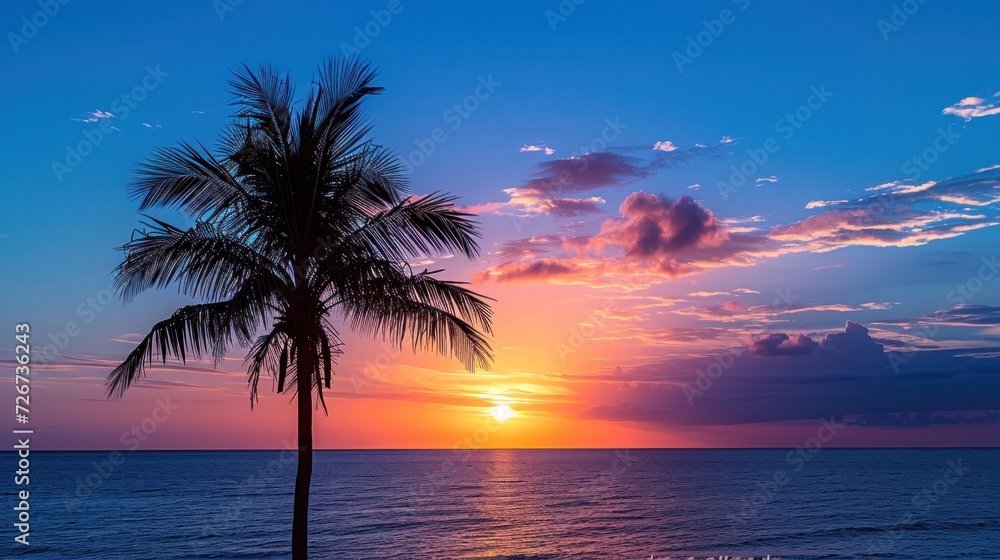Poster the sun is setting over the ocean with a palm tree in the foreground and the horizon in the backgrou