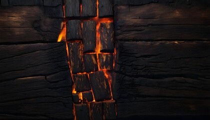 The rough texture of fire burnt hardwood, Surface of burnt timber, abstract background, top view, copy space.