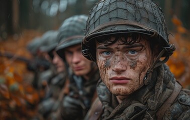 A group of determined soldiers stand together, their faces stoic and their camouflaged uniforms blending into the outdoor landscape, representing the strength and unity of the military organization t - obrazy, fototapety, plakaty