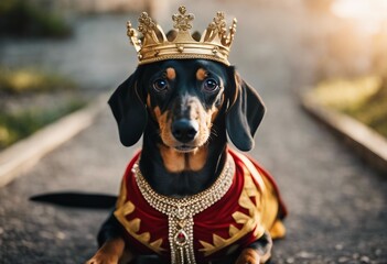 Dachshund dog dressed in red clothes as a king with crown Pet treated like royalty