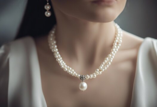 Woman model wearing a white pearl necklace Fine jewelry concept image