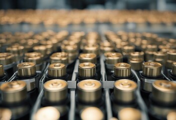 Mass production assembly line of electric vehicle battery cells close-up in factory line