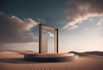Minimal podium in a desert dark environment gradient sky for product presentation with copy space
