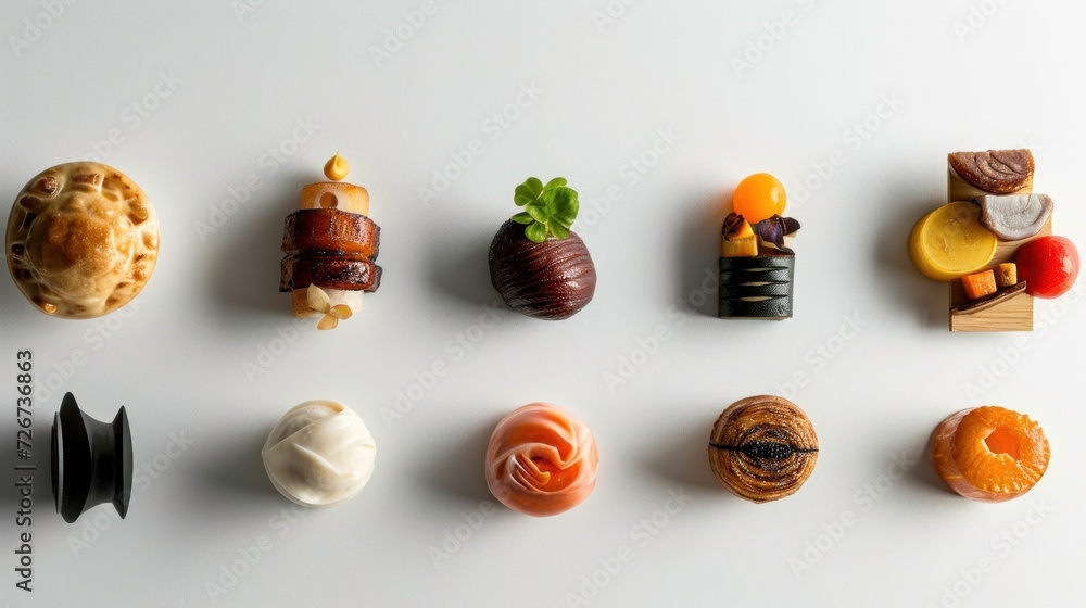 Poster  a number of different types of pastries on a white surface with one being a pie and the other being a donut.