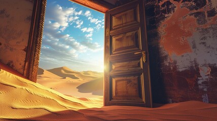 Wooden Door Open to a Desert Panorama. A Mysterious and Beautiful View