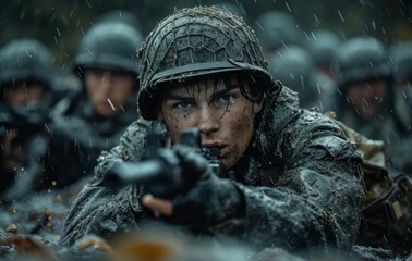A troop of marines, drenched in rain, stood in a somber formation, their faces hidden behind helmets, weapons at the ready, representing the strength and sacrifice of the military organization