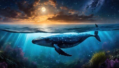 Silhouette of a blue whale swimming under the ocean with mountains in far background