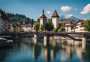 Scenic panoramic view of a city with river, bridge, chapel and mountains