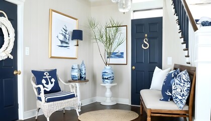 bright foyer with blue and white decor