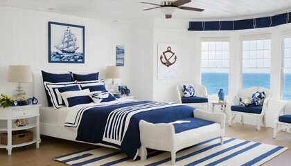 bright bedroom with blue and white decor