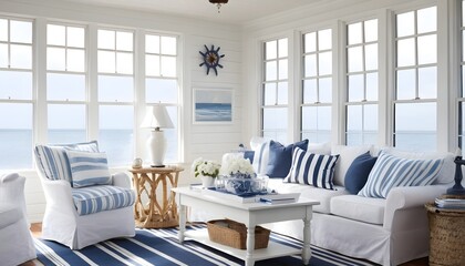 bright room with blue and white decor