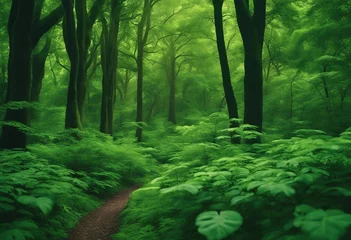  A forest scene with a dense canopy of trees in various shades of green © FrameFinesse