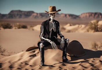 A skeleton cowboy with a hat sitting in the desert sand
