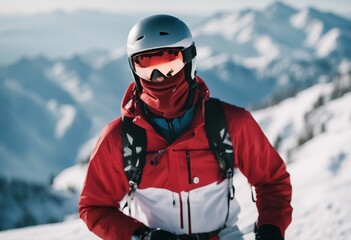Fototapeta na wymiar A sports photo portrait of a skier riding down a snowy mountain wearing a red clothing and a helmet