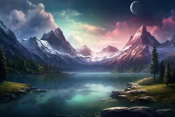 A dreamy artwork featuring serene lake, glowing moon, and majestic mountains. Generative AI