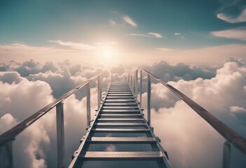 Step ladder leading in clouds with sky and sun Growth future development concept - Powered by Adobe
