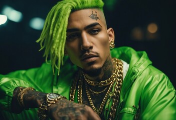 Tough rapper male portrait with face tattoos, gold chains, green hair, and clothing on a dark background - obrazy, fototapety, plakaty