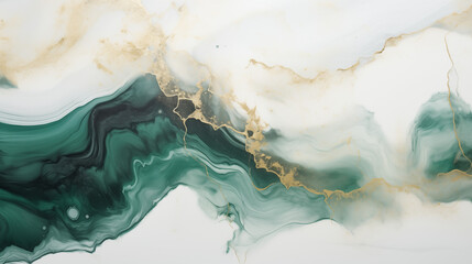 A HD close up of a minimalist acrylic marble painting. The painting is kept in black, white, emerald green and golden colors.