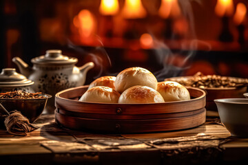 Obraz premium Capture the sizzling allure of Chinese meat pies on the grill with a tantalizing close up. Irresistible aroma and golden perfection in every detail.
