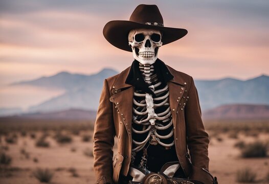 Skeleton cowboy with hat and brown clothes with desert background behind