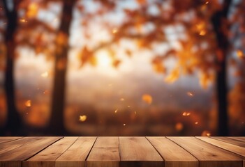 Naklejka na ściany i meble Wooden table free space with autumn theme with falling leaves blurred background for product presentation