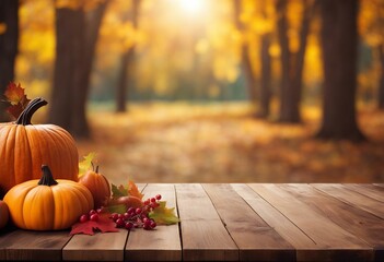 Wooden table free space with thanksgiving and autumn theme blurred background for product...
