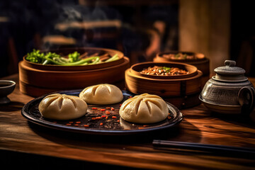 Obraz na płótnie Canvas Capture the sizzling allure of Chinese meat pies on the grill with a tantalizing close up. Irresistible aroma and golden perfection in every detail.