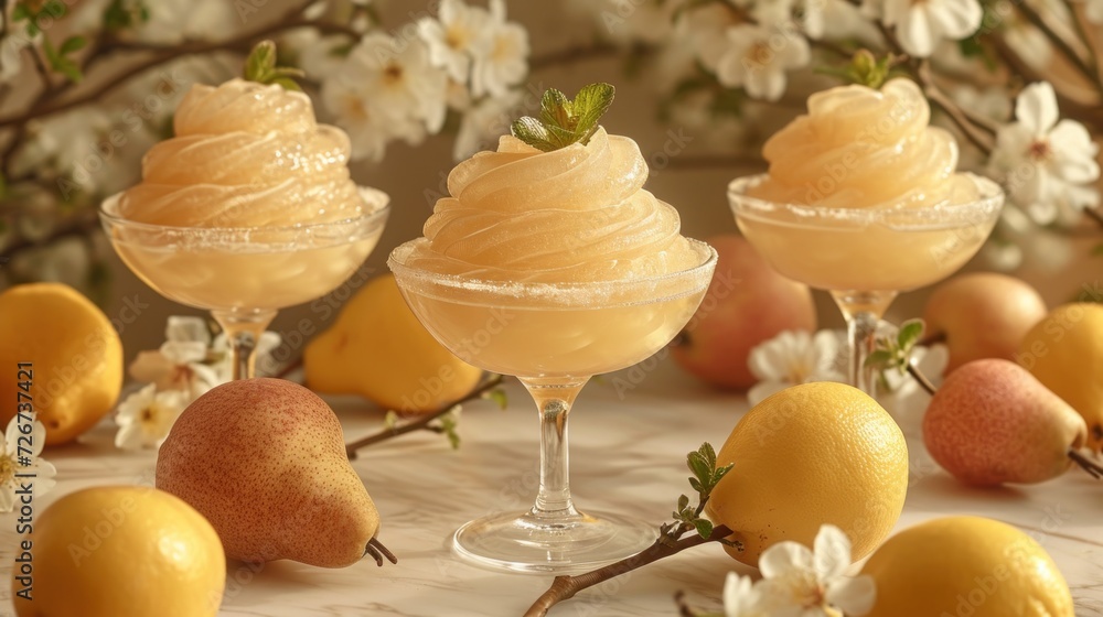 Poster a table topped with three glasses filled with ice cream next to lemons and a tree filled with white 
