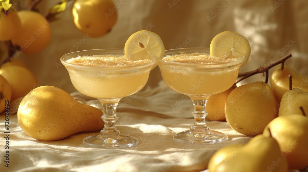 Aufkleber a table topped with two glasses filled with lemonade and topped with a slice of lemon next to a bunc