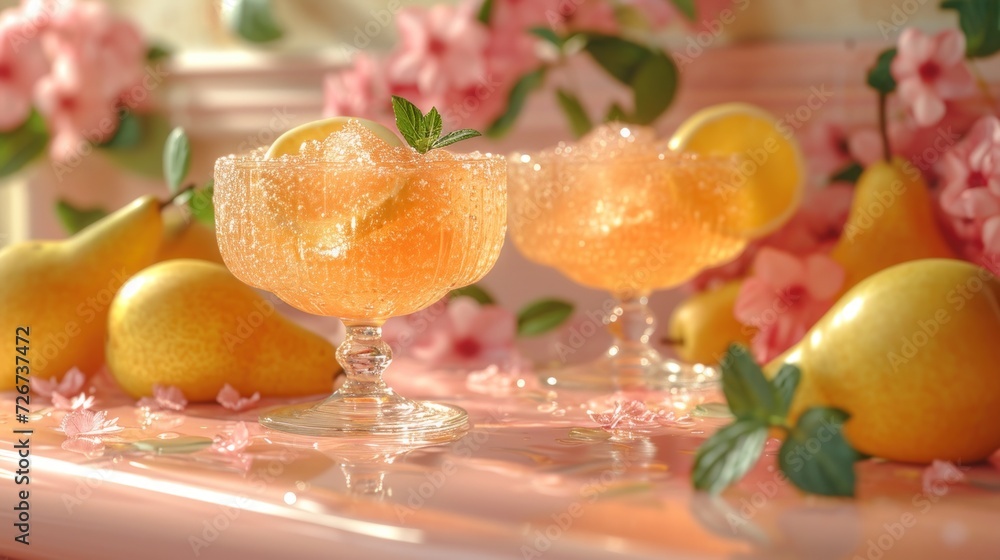 Poster a table topped with three glasses filled with lemonade and some lemons next to a bunch of pink flowe