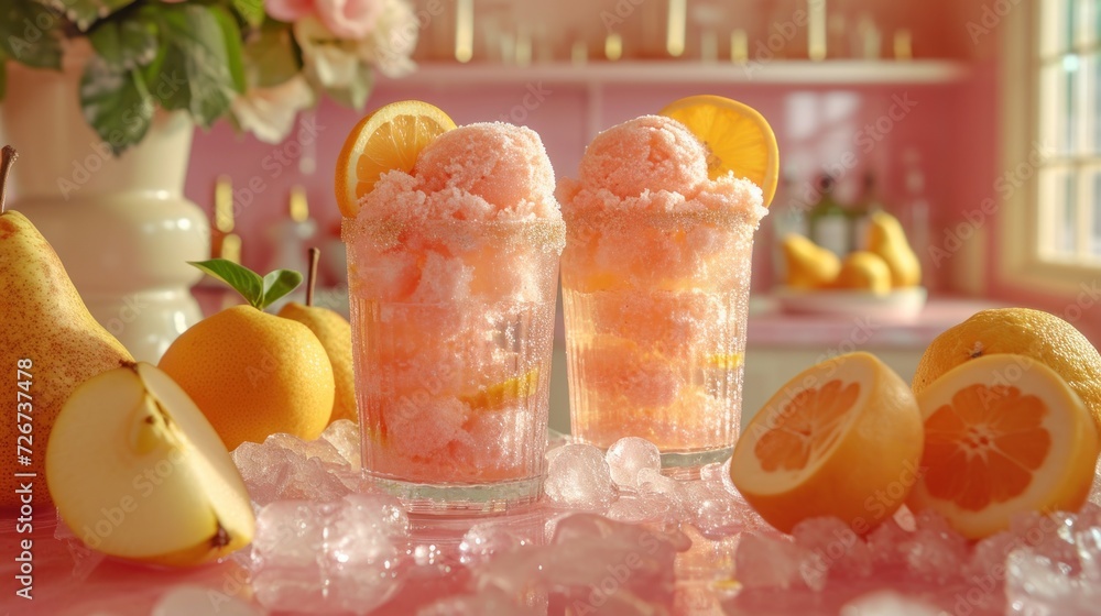 Poster a table topped with oranges and lemons next to a vase filled with oranges and a couple of glasses fi