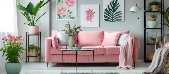 Bright and cozy living room interior with a pink couch, table, armchair, shelf with posters and flowers, and a lamp.