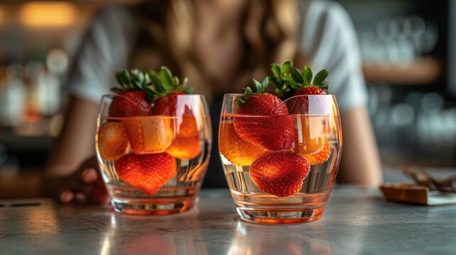  a woman sitting at a table with two glasses filled with liquid and strawberries on top of each of the glasses.