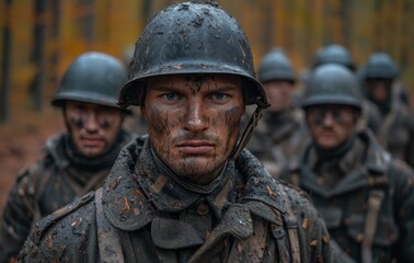 Fototapeta premium Brave soldiers stand united, their faces hidden behind helmets and camouflaged in dirt, ready to face any challenge in their military organization's uniform and ballistic vests