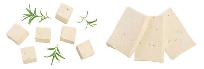 diced tofu cheese isolated on white background with full depth of field, Top view. Flat lay
