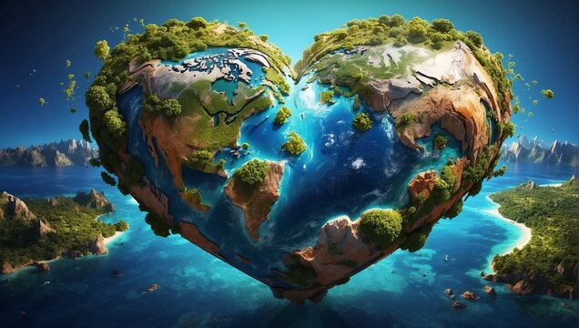In the digital photo, a beautifully rendered depiction of planet Earth takes the form of a heart, with continents and oceans intricately shaped