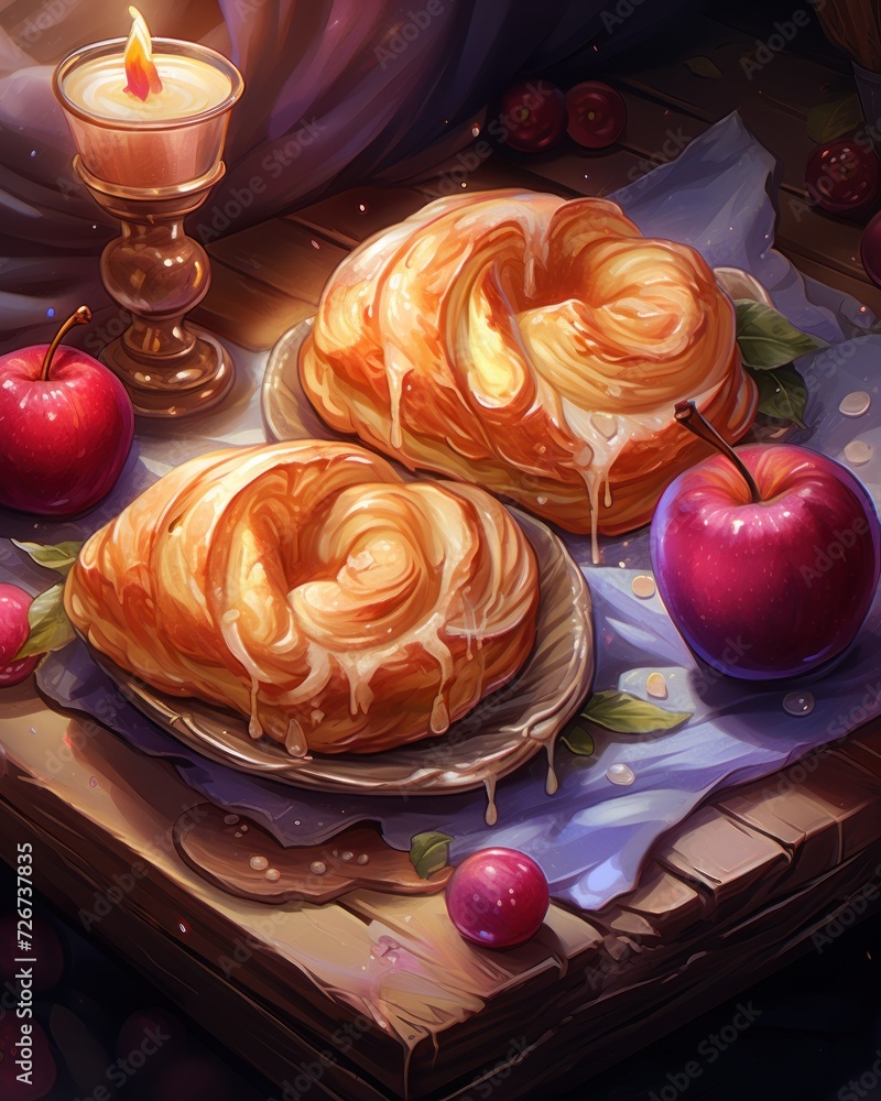 Poster a close up of a plate of food on a table with an apple and a candle in the middle of it.