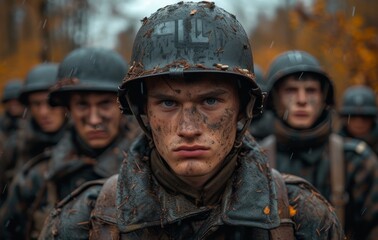 Naklejka premium A team of soldiers, clad in military uniforms and ballistic vests, stand strong and determined in their camouflage, ready for battle in the great outdoors