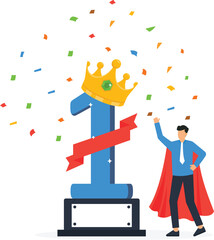 First winner achievement and success or business victory, Award winning celebration or best employee of the month, Businessman superhero stand with 1st place award with crown concept,
