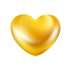 Golden realistic heart icon on white background. 3d vector illustration.