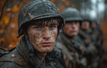 Obraz premium A fierce group of soldiers donning military helmets and camouflaged uniforms, exuding strength and determination in the face of battle