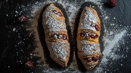  two croissants covered in powdered sugar and raspberries on a black surface next to raspberries.