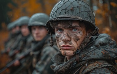 Obraz premium A squad of brave soldiers donning military uniforms and protective gear, standing strong and ready for battle in the great outdoors