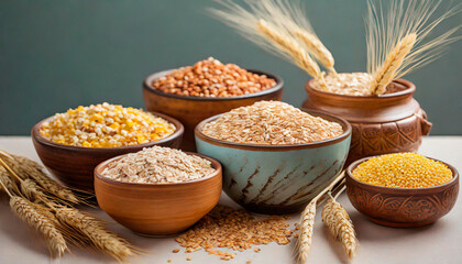 Top view of some bowls with different types of cereals inside and some ears of wheat. The cereal industry and National Cereal Day History. Copy Space.