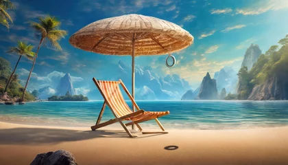 Fotobehang Summer beach concept, chair with ring floating and pineapple on blue background.  © blackdiamond67